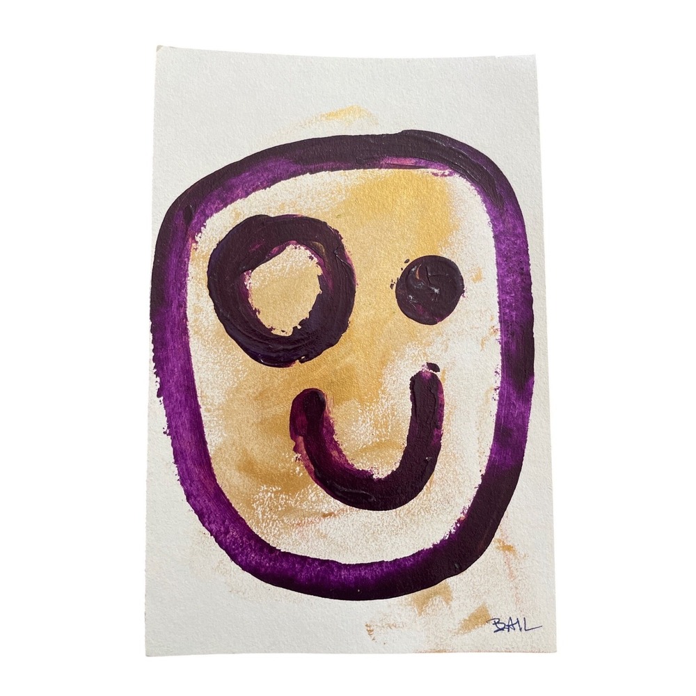 Original Abstract Face Painting Purple Gold Mixed Media Art 5.5x8.5 Signed BAIL‎